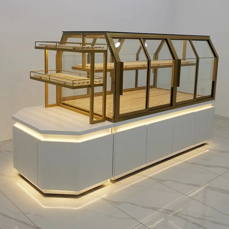 Customizable Bakery Island Counter Glass Showcase Display Cabinet LED Lights For Retail Shops Shopping Malls Exhibition