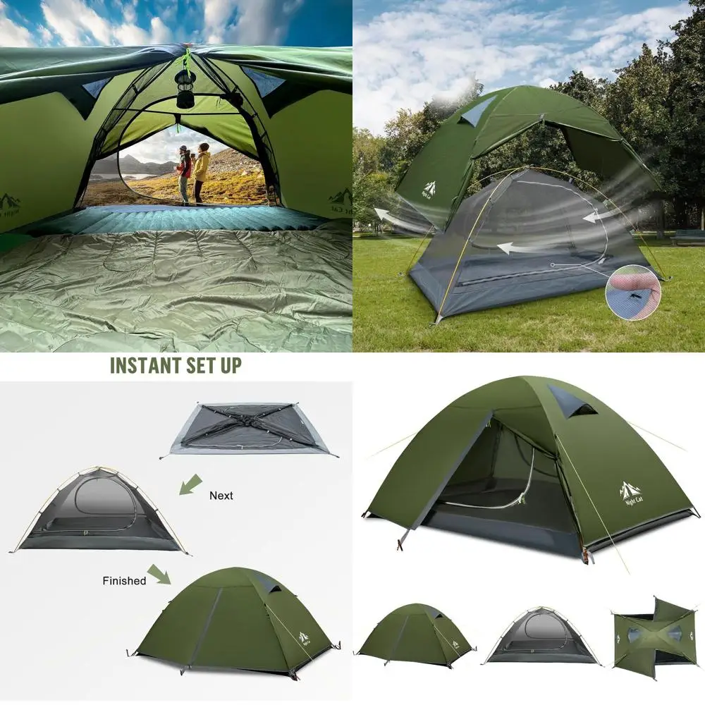 خيمة المشي لمسافات طويلة خفيفة الوزن للغاية مقاومة للماء لشخصين مع أقطاب ألومنيوم وطباعة مطر خضراء للمغامرات الخارجية