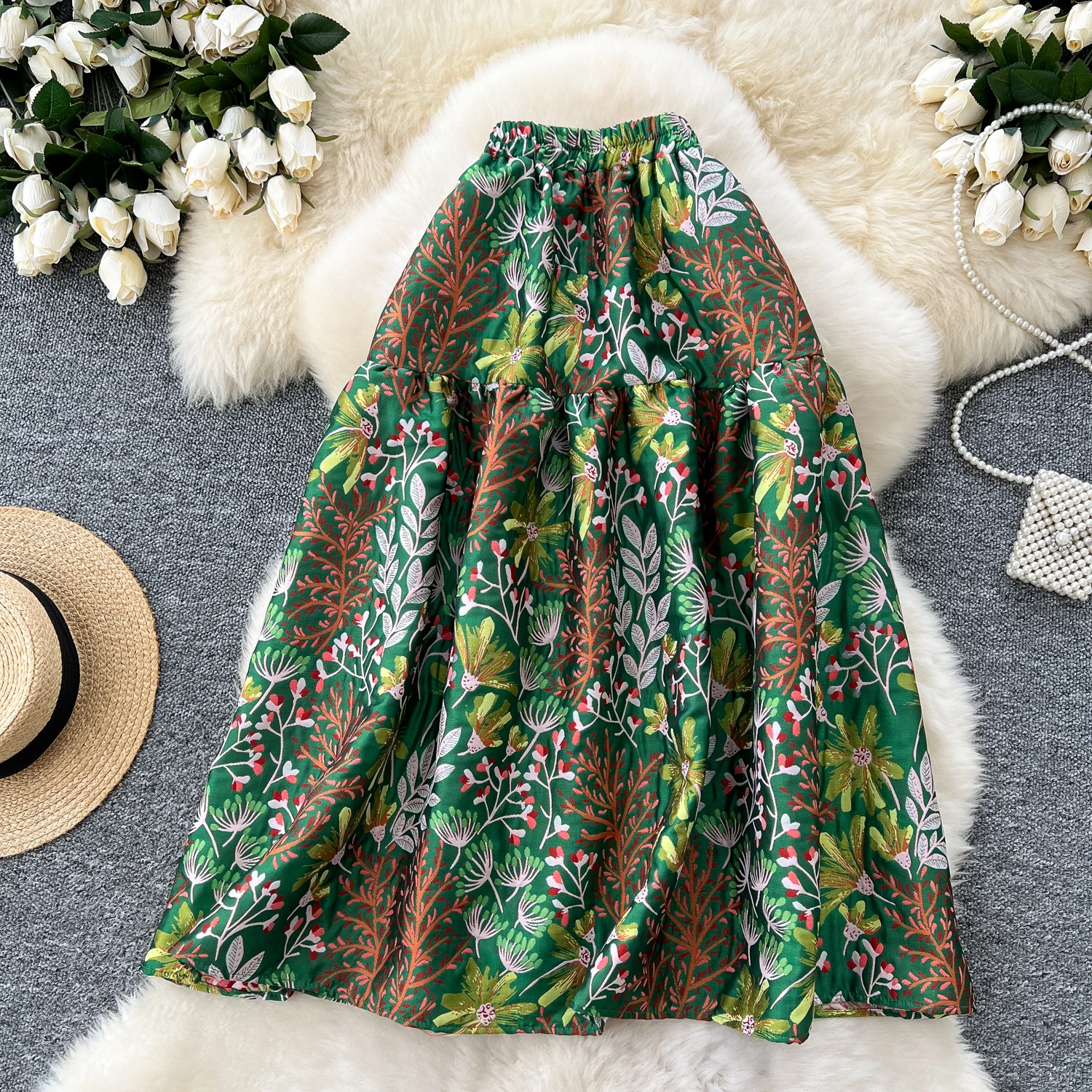 

Heavy Embroidery Jacquard Puffy Midi Skirt Women High Waist A-Line Flared Skirt Slim Fit