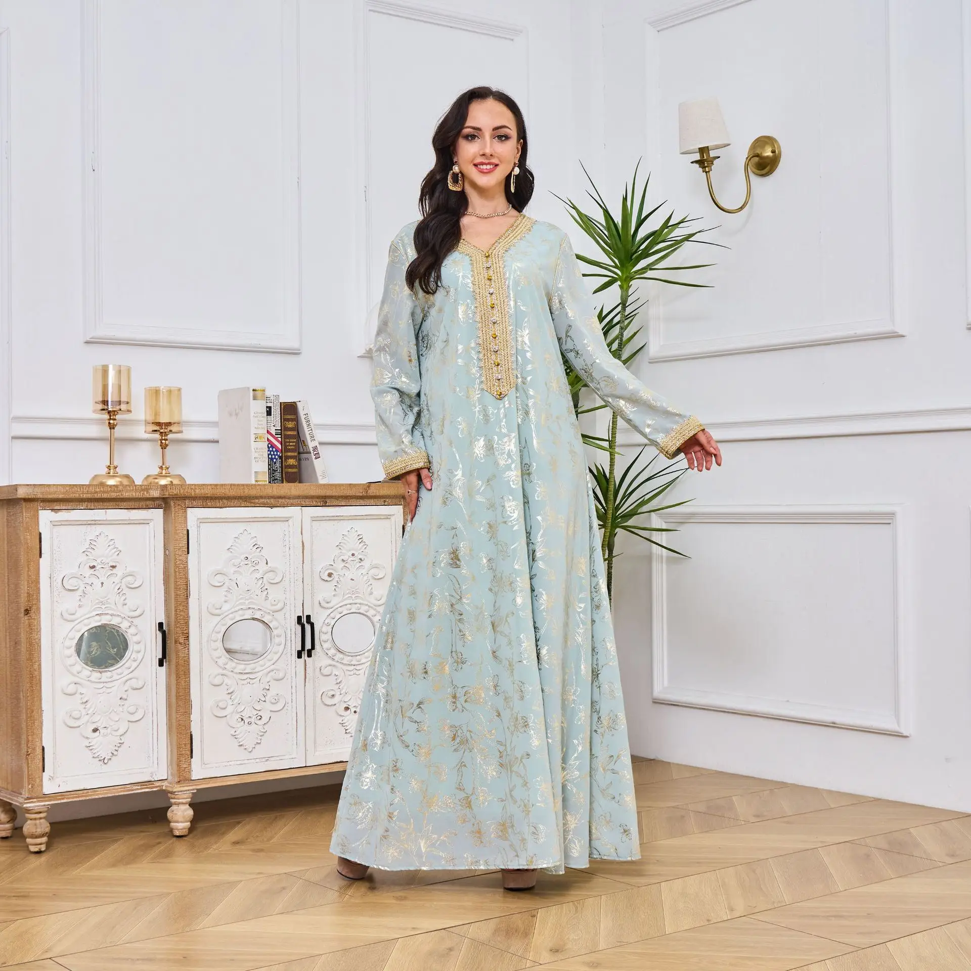 Faionable Long Sve Dr Gold Emed imprimé fleuri Station indépendante transfrontalière vêtements pour femmes Dubai Sle