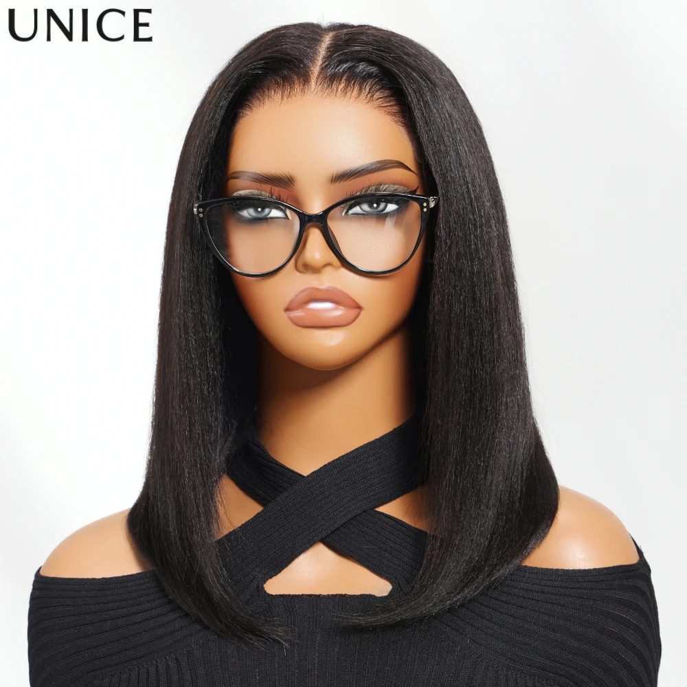 

UNice Hair 7x5 13x4 Lace Glueless Yaki Straight Bob Wig With Drawstring 100% Human Hair Glueless Wigs 150% Density