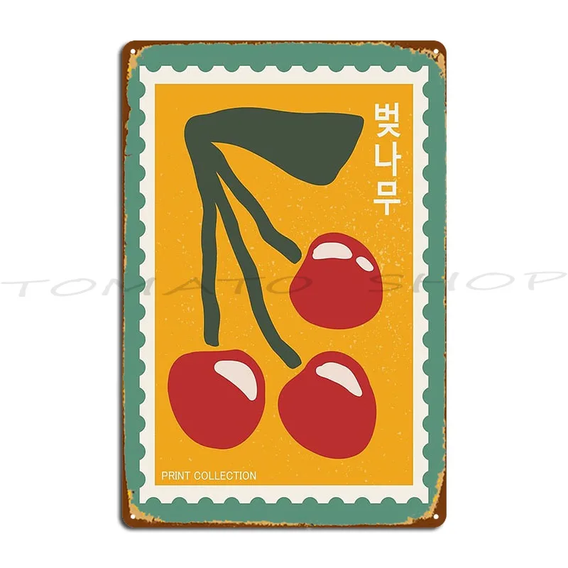 Cherry Cute Korean Retro 90S Stamps Aesthetic Metal Plaque Kitchen Pub Plates Party Pub Designer Tin Sign Poster
