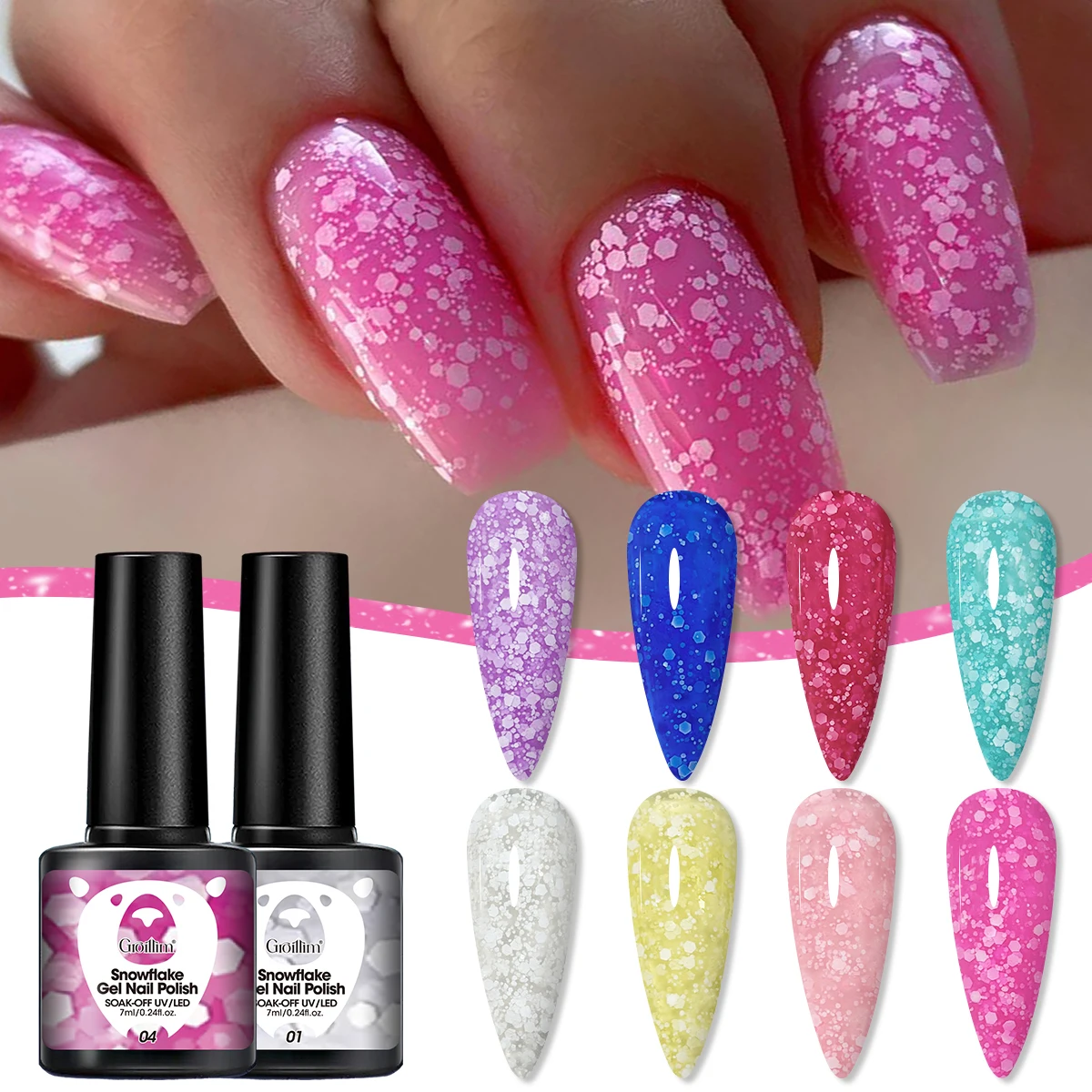 Groillim Snowflake Shimmering Blue and White Gel Nail Polish - Available in multiple colors, semi-permanent gel nail polish