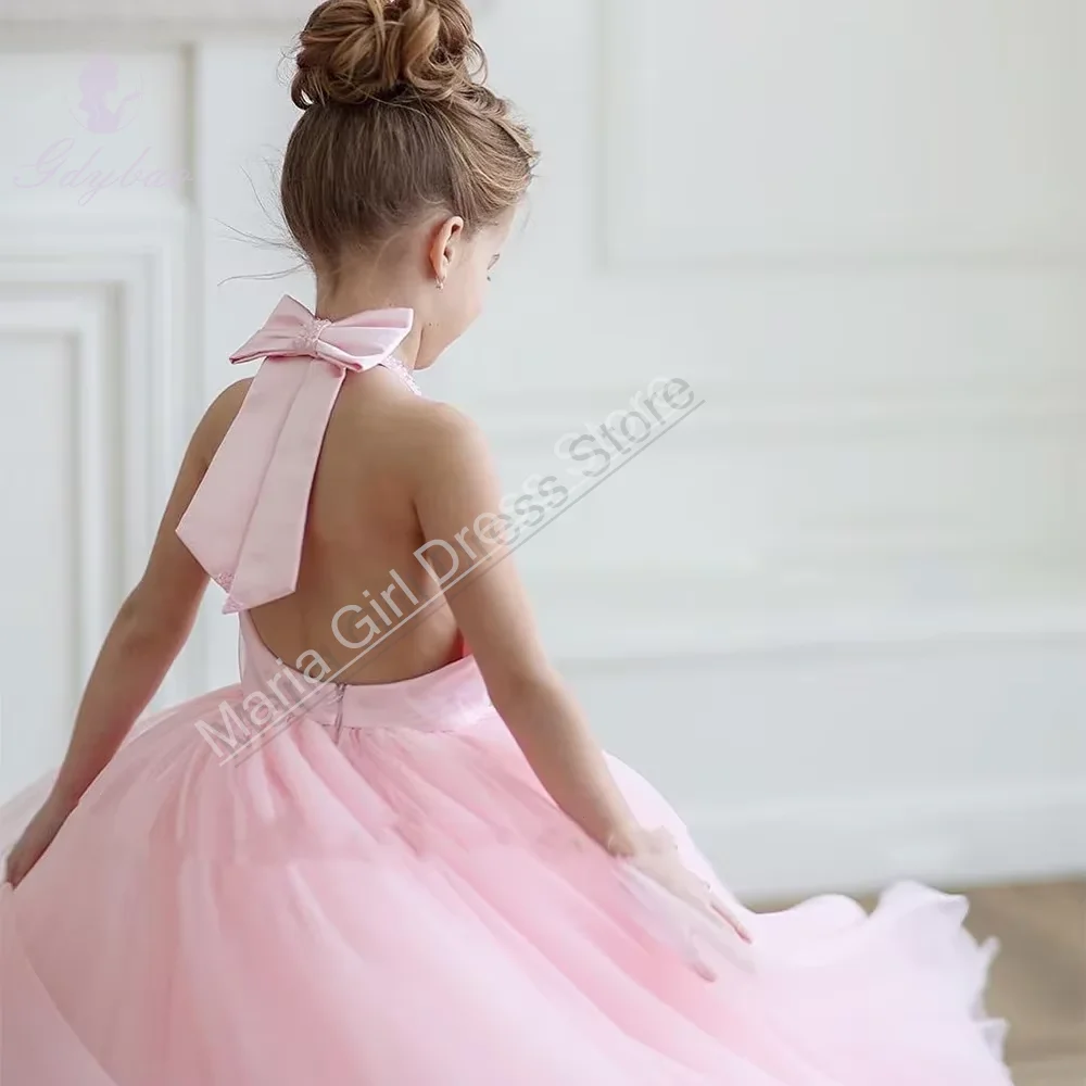 Princess Party Flower Girl Dress Pink Birthday  Halter Sleeveless Tulle Festive Costumes First Communion Dresses