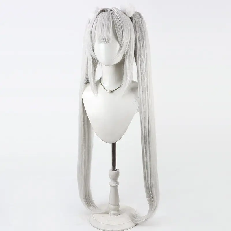 ゲームブランコスプレウィッグ白ウサギ白ロングダブルポニーテールコスプレウィッグポンポン付きコミコンパーティー大人女性男性