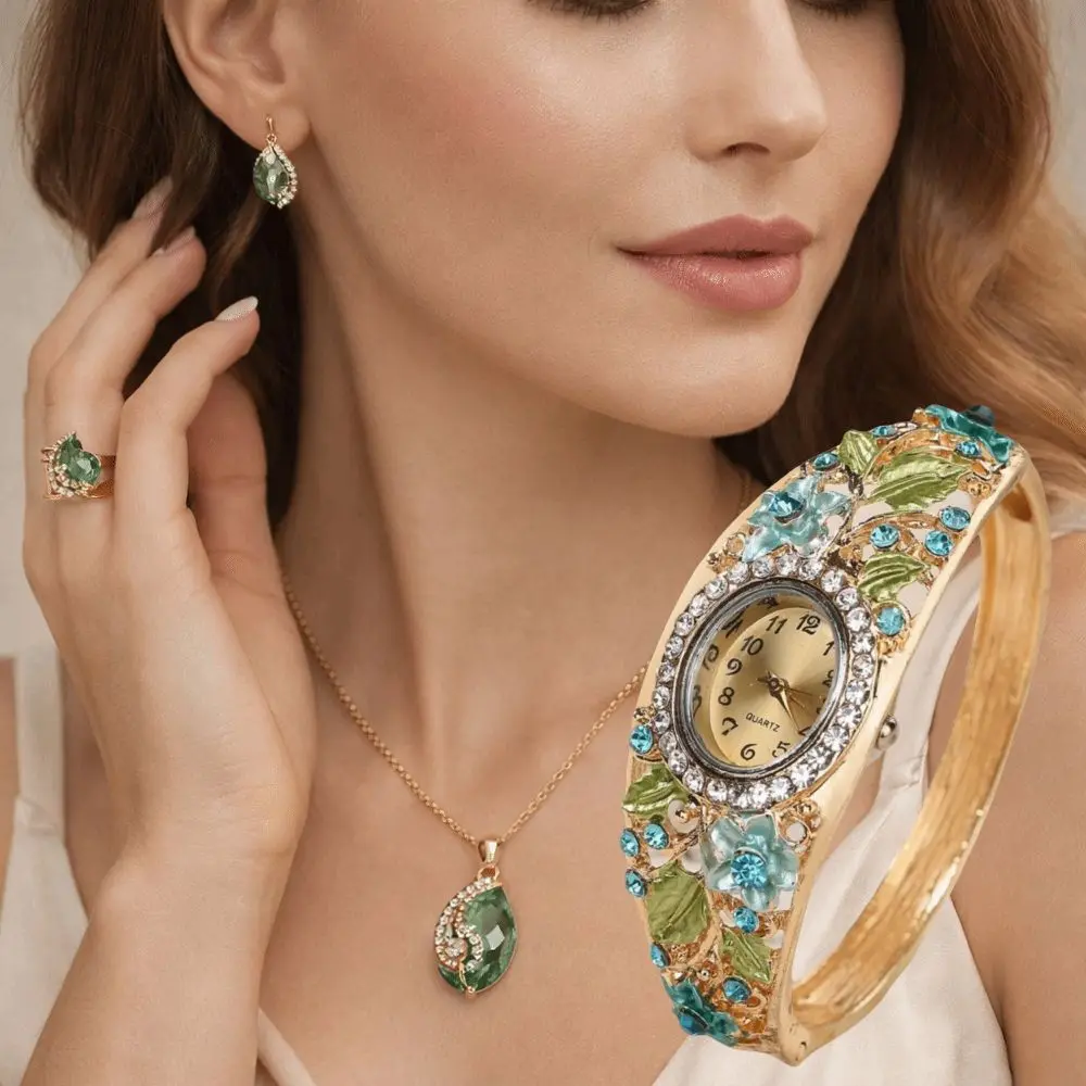 

Часы с круглым циферблатом и цветочным узором в виде бабочки, кварцевый механизм, практичный цветочный набор часов, серьги, браслет, браслет со стразами, наручные часы