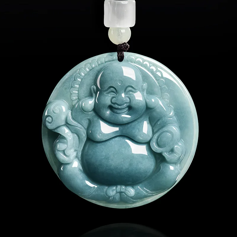 Natural Jadeite A-grade Blue Water Ruyi Laughing Buddha Pendant Ice Seed Jade For Men And Women Lucky Charm Jewelry Drop Ship