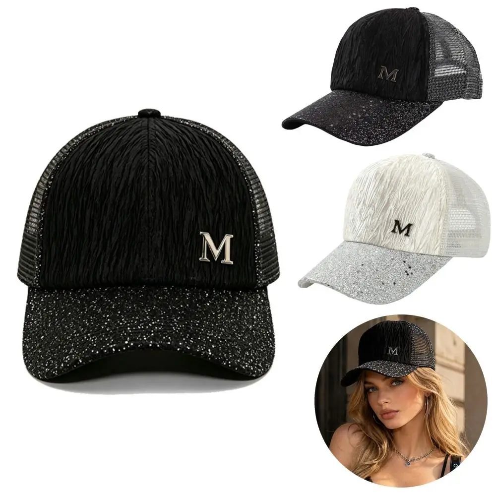 Baseballkappen mit Buchstaben-M-Dekor, leicht, einfarbig, atmungsaktiv, Sonnenschutz, verstellbare Snapback-Sonnenhüte, Outdoor-Sport