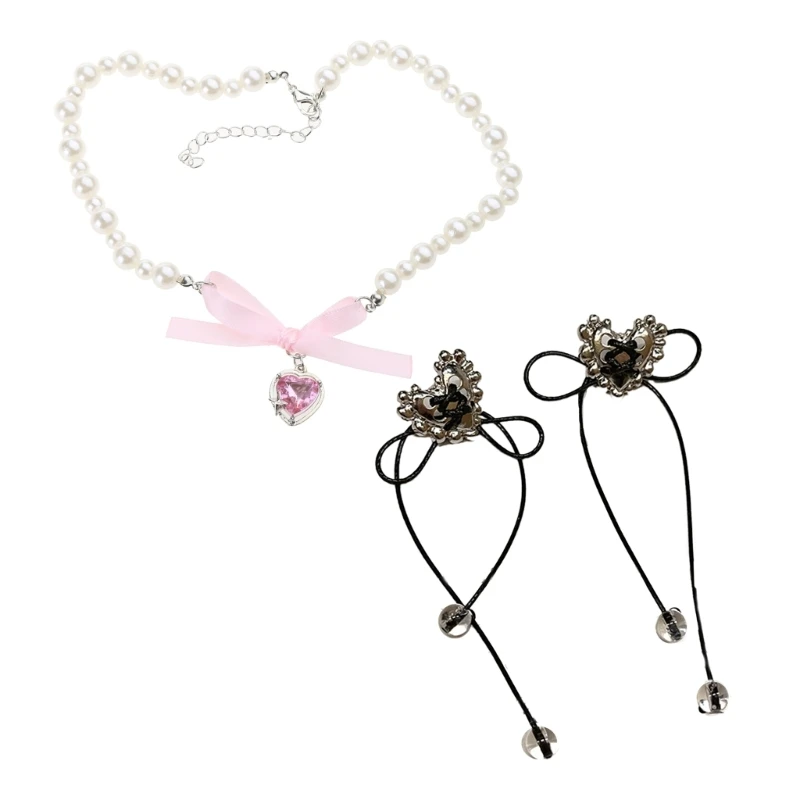 

Gothic Halloween Dangle Earrings Y2K Sweet Pearl Bead Chain Pink Heart Necklace Star Pendant Statement Earrings