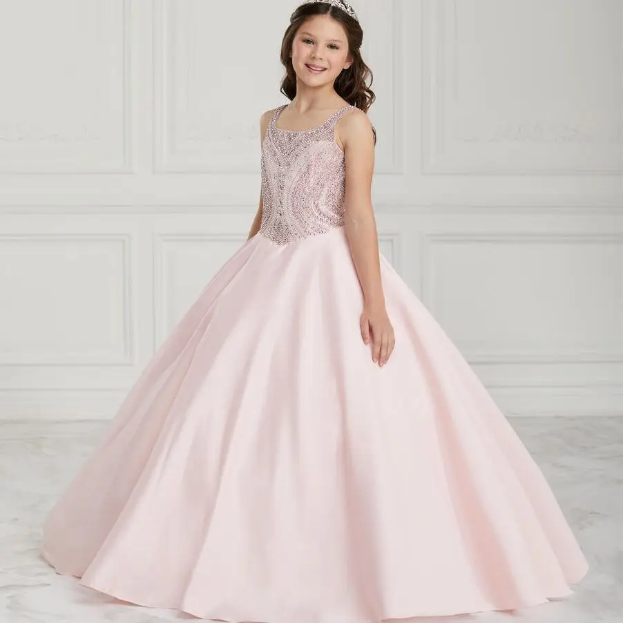 Pink Girls Pageant Dresses Ball Gown Scoop Satin Beaded Long Flower Girl Dresses For Weddings Little Baby Kids Tutu