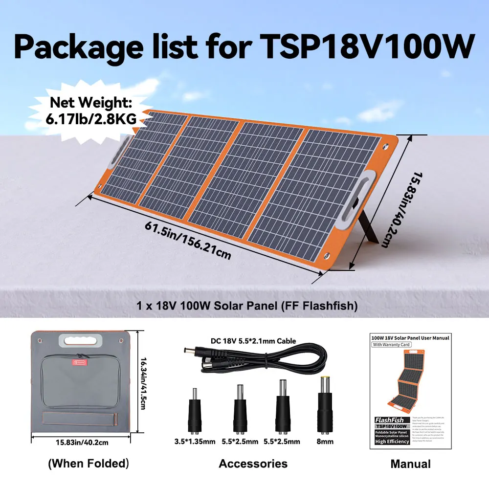 FF Flashfish TSP18V 60W/100W draagbaar zonnepaneel, opvouwbare zonne-oplader met DC-uitgang, USB-C en QC3.0 voor snel opladen van telefoons, tablets, geschikt voor gebruik tijdens het kamperen, in een