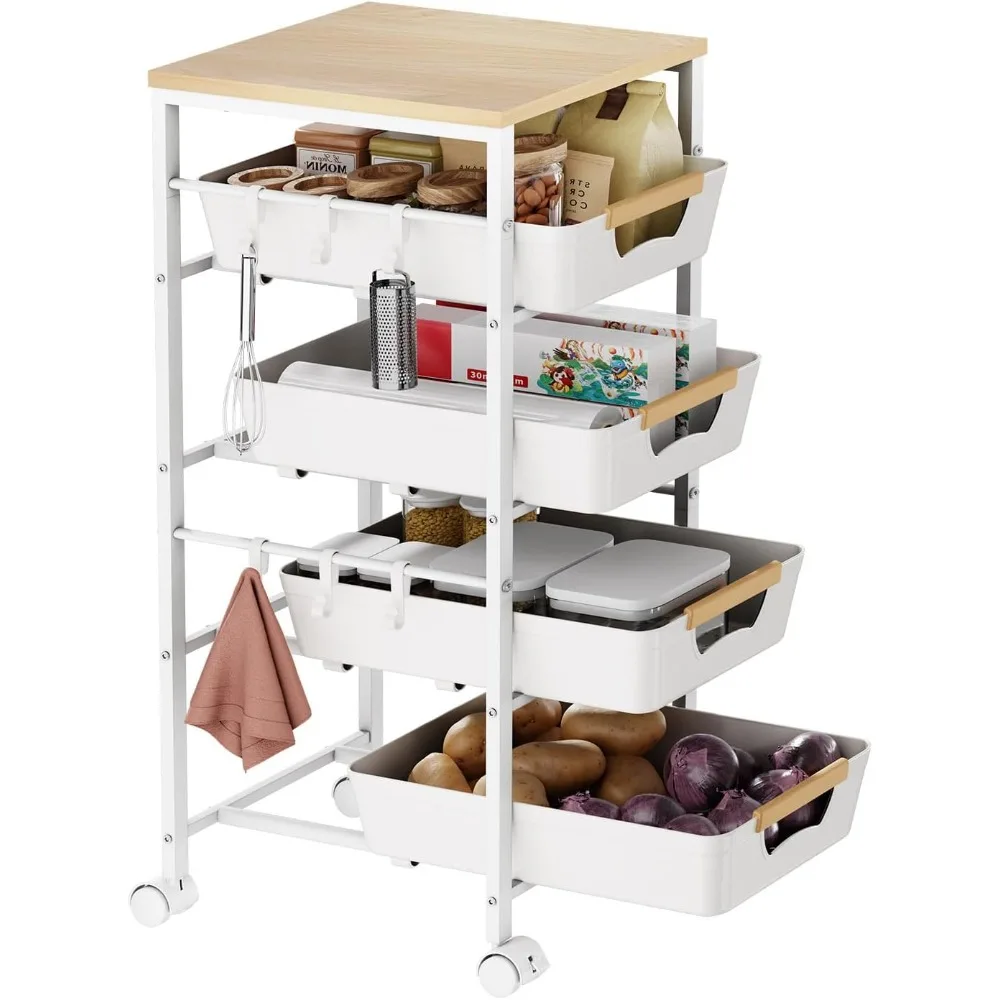 

5-Tier Kitchen Storage Cart, Wood Top Rolling Cart Organizer with Pull-Out Baskets & Wheels, Metal Snack Cart with Holder for Fr