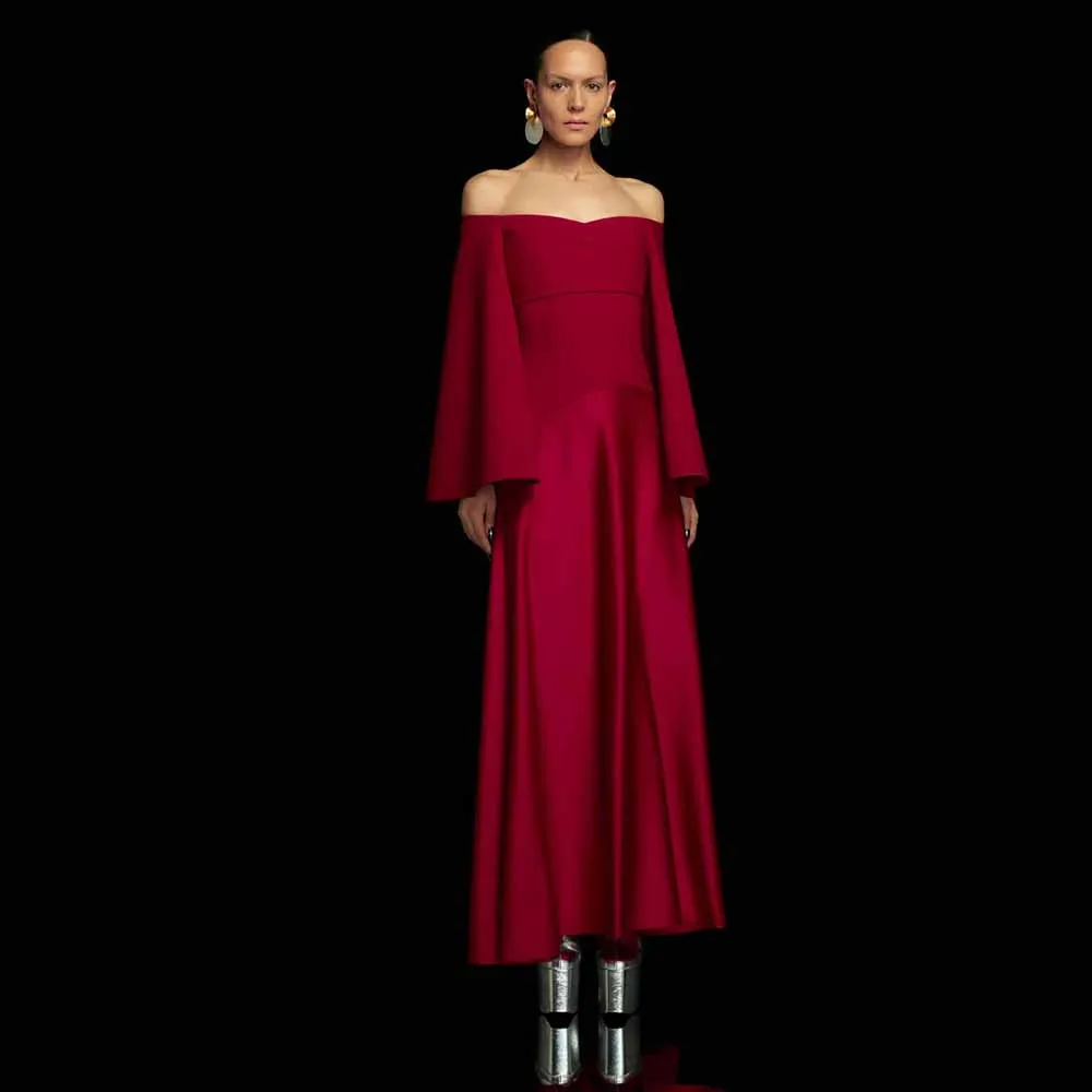 

2025 Women's Cocktail Dresses Formal Satin&Jersey A-line Bespoke Occasion Gown Burgundy Off-the-shoulder Ruched Prom Gown Maxi