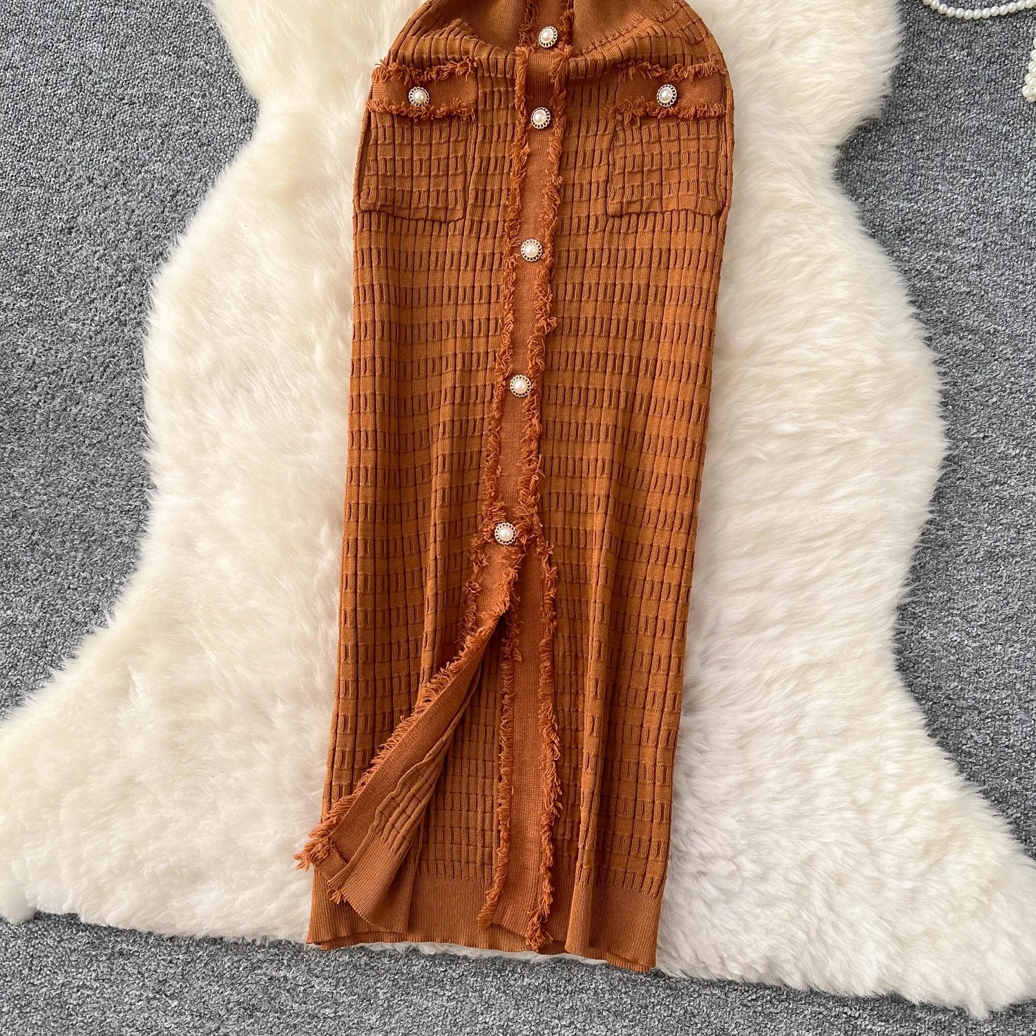 YuooMuoo Vestido feminino elegante com decote em V, cintura fina, quadril, bodycon, suéter, chique, single-breasted, escritório, camisa longa