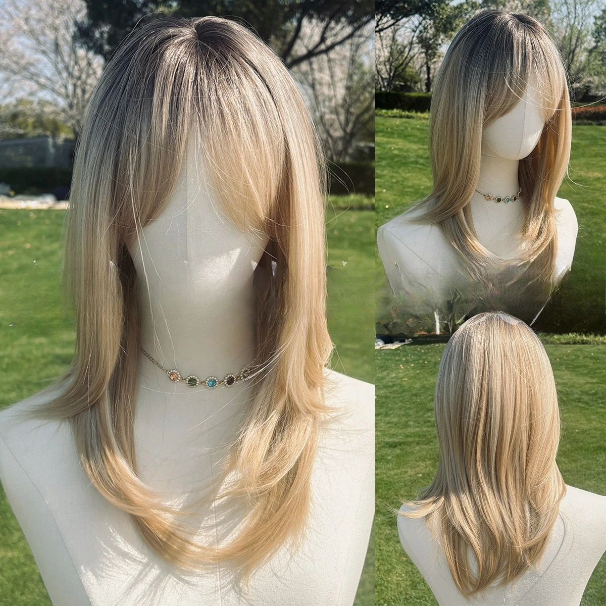 

Natural straight hair blond gradual change medium and long chemical fiber wig elegant literary style suitable for parties and da