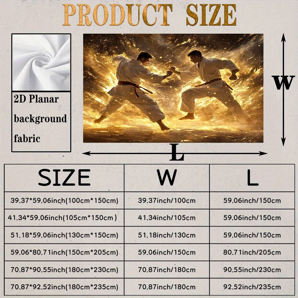 Karate Showdown Mid-Air Tapestry - Swirling Ink Shockwave & Golden Rim Lighting Design