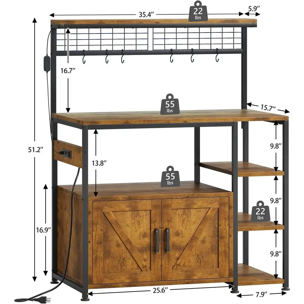 Bakers Rack with Power Outlet and LED Light, Microwave Stand with Storage Cabinet, Coee Bar Cabinet Station with 6 Hooks or Kitc