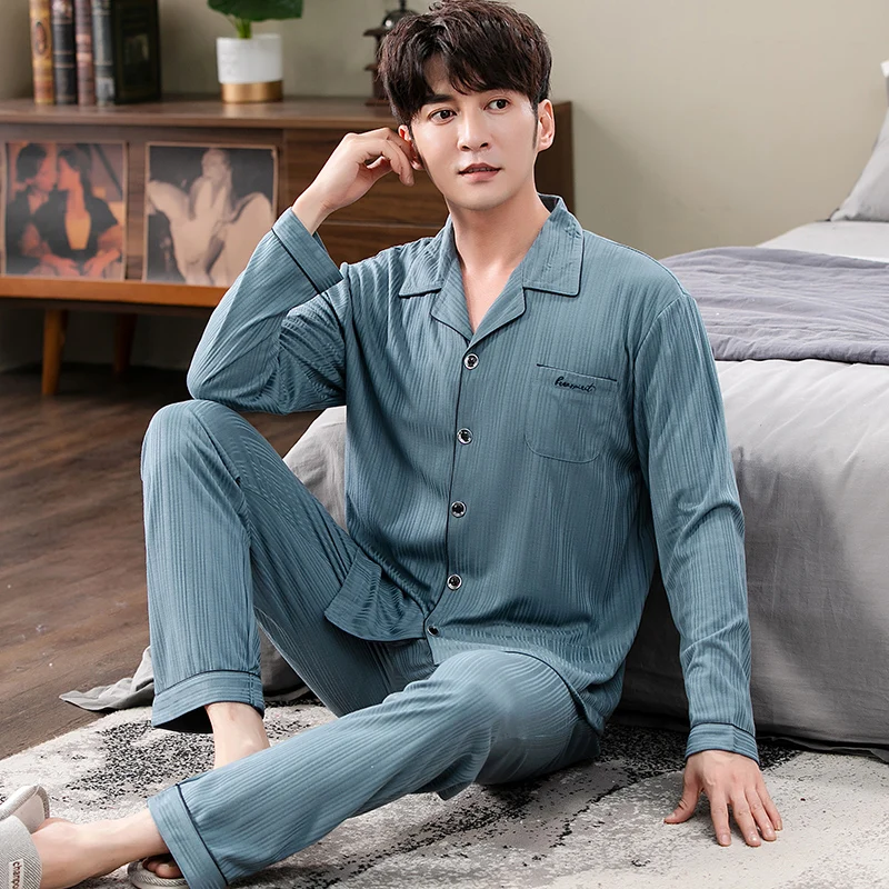 Long Pants + Long Sleeve Tops Pajama Sets Men Spring Modal Pajamas Home Suit Mens Sleepwear Loose Button Cardigan Nightwear 4XL