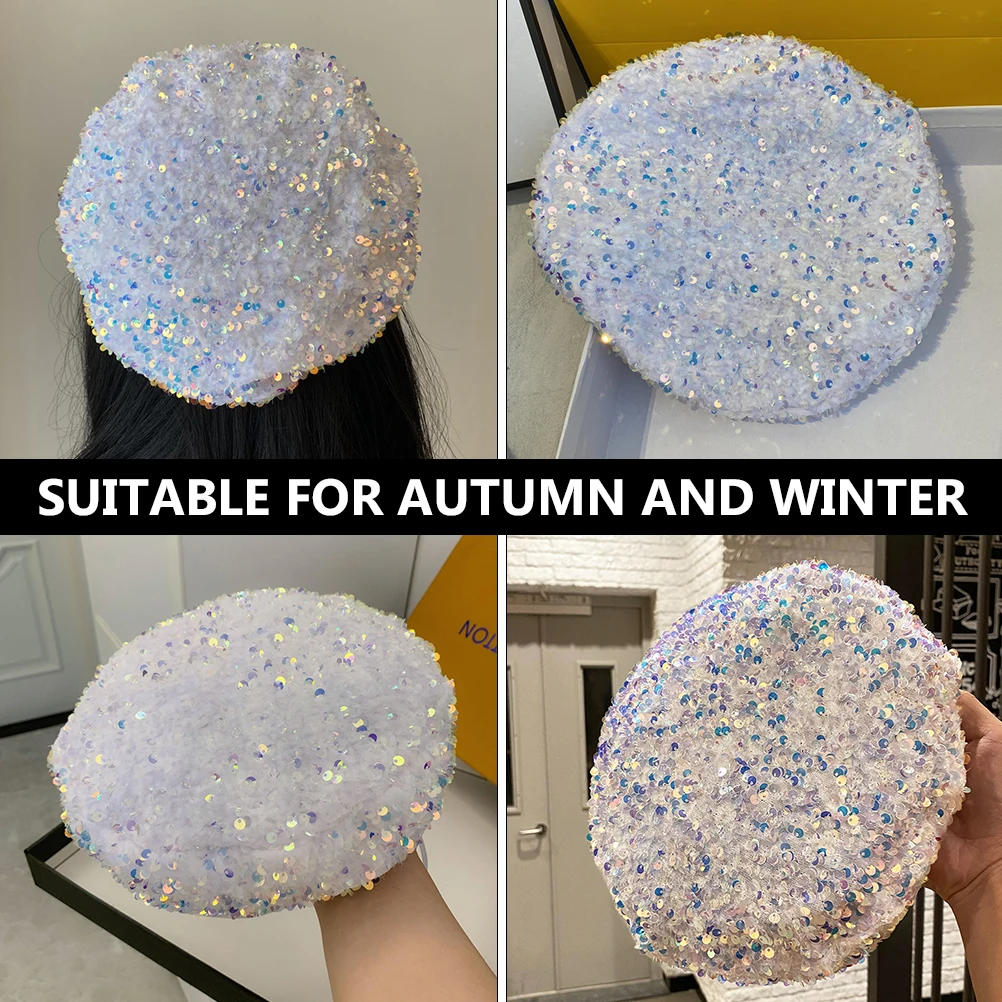 

Sequined Beret Fashion Hats Autumn Women Winter Cap Winter Travel Girls White Sequins Warm Durable ClothingAccessory