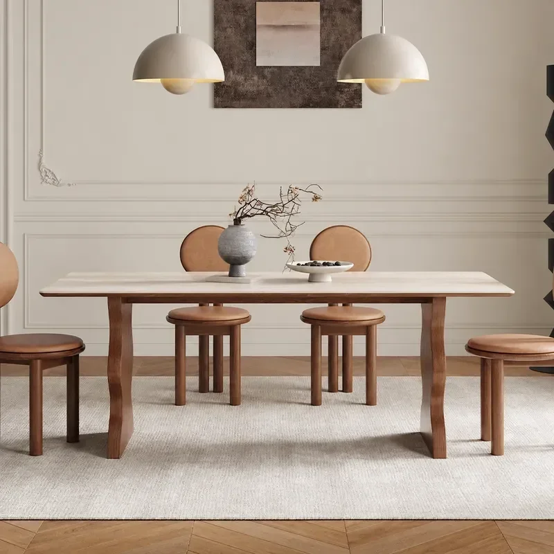 French Ash Wood Solid Wood Retro Travertine Rock Slab Rectangular Dining Table and Chair Set Simple Household Small Apartment