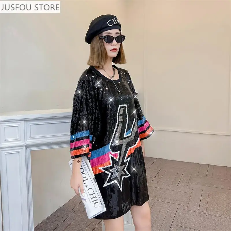 Summer New Sequins Letter Striped Short Sleeve T-Shirt Hip Hop Round Neck Solid Color Straight Night Club Loose Women' Wears