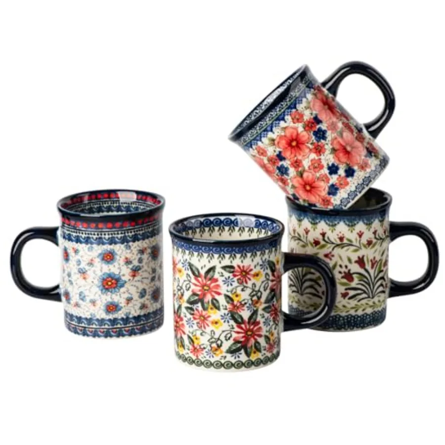 

Набор из 4 керамических кружек для латте, 15,5 унций, расписанные вручную фарфоровые кофейные чашки с ручкой для чая/молока/какао - современный ретро-дизайн для дома