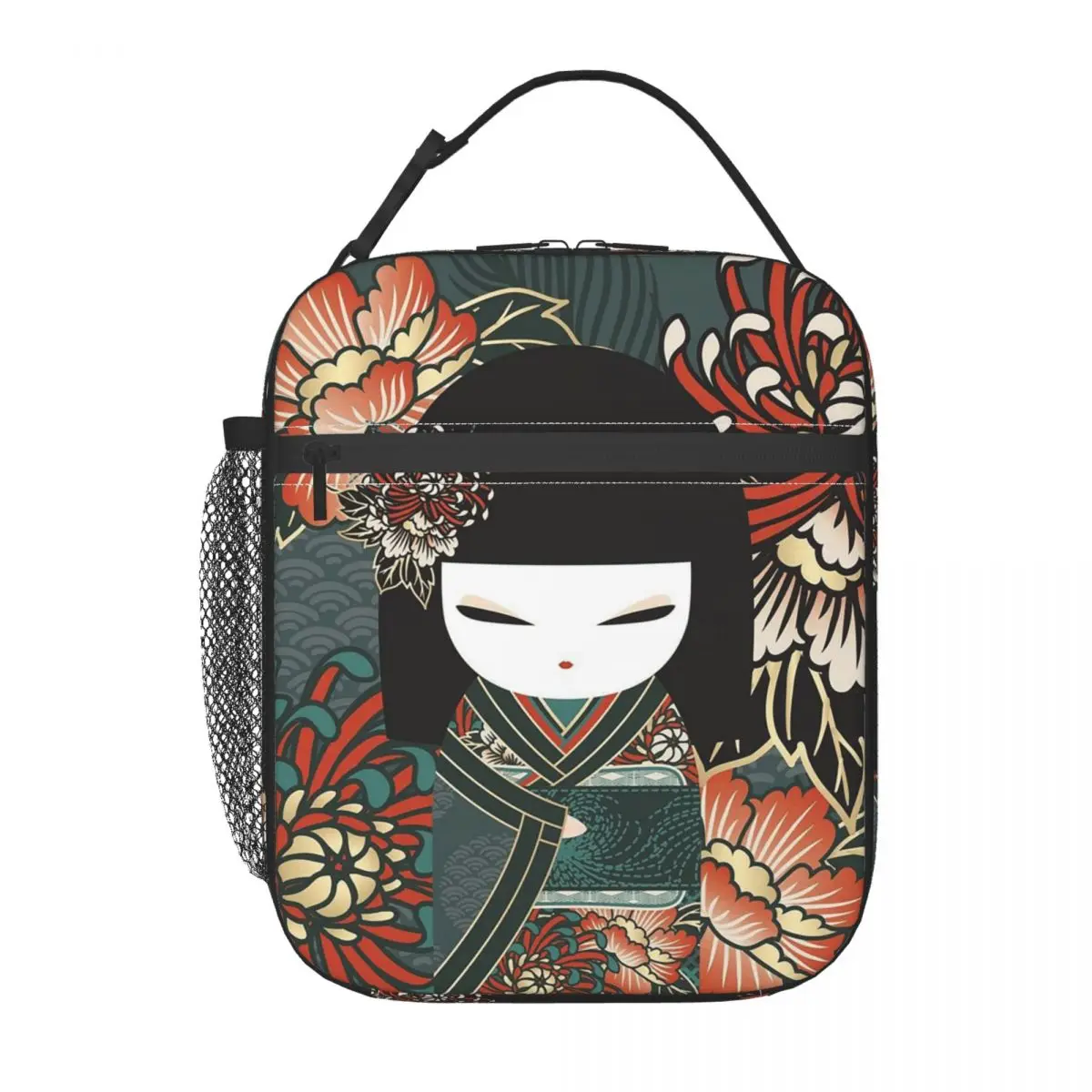 

Red Sakura Kokeshi Doll Insulated Lunch Bag for Women Kids Leakproof Food Boxes Thermal Lunch Box Tote