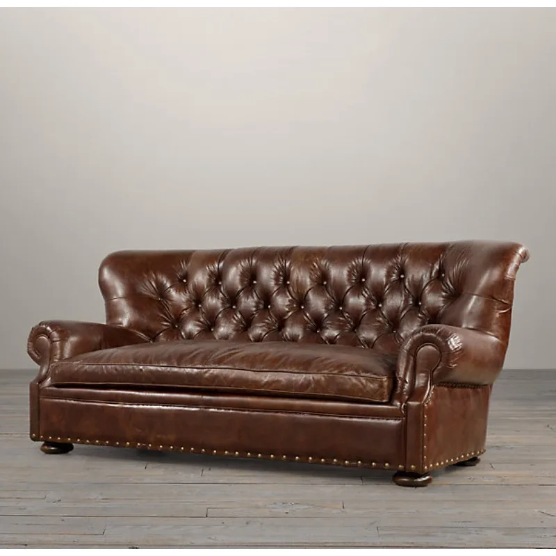 Three-person sofa American country retro oil wax cowhide single sofa