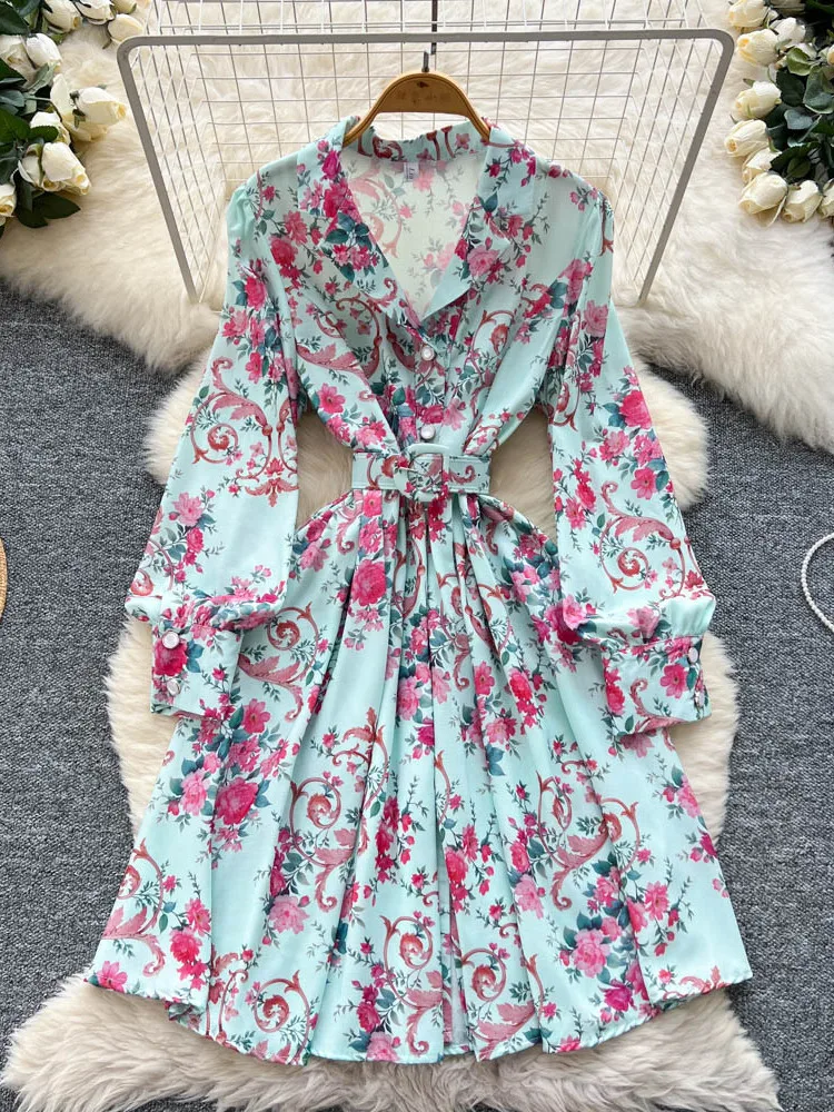 

Retro Blazer Dress Suit Collar Long Sleeve Single Breasted Printed Shirt Dress Women's Slim Party Club Y2k