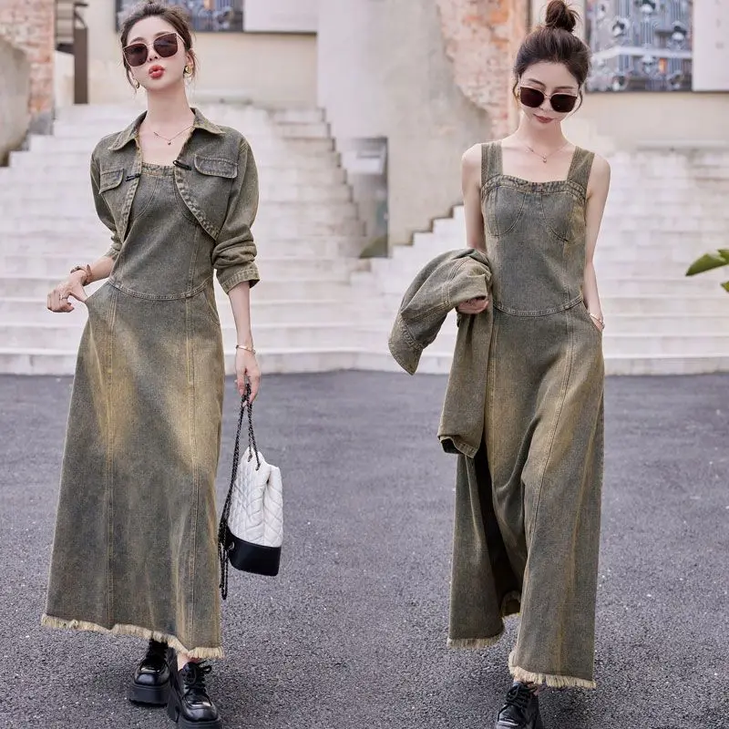 

Women Fashion Denim Sleeveless Strap Dress+Short Retro Denim Jacket Coat Autumn New Fashion Casual Two Piece Set