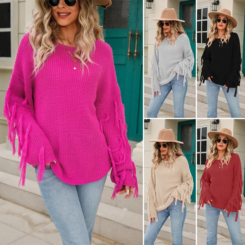 

Distressed Tassel Knitted Sweater Women O Neck Jumper Long Sleeve Pullovers Solid High Street Autumn Spliced Sweaters Loose