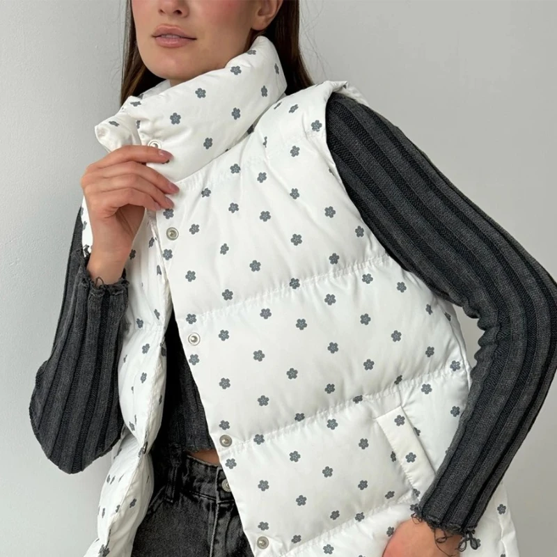 TARUXY Printed Vest Cotton Down Jacket Women's Stand Collar Sleeveless Pocket Warm Cotton Jacket Autumn Winter New Commuter Coat