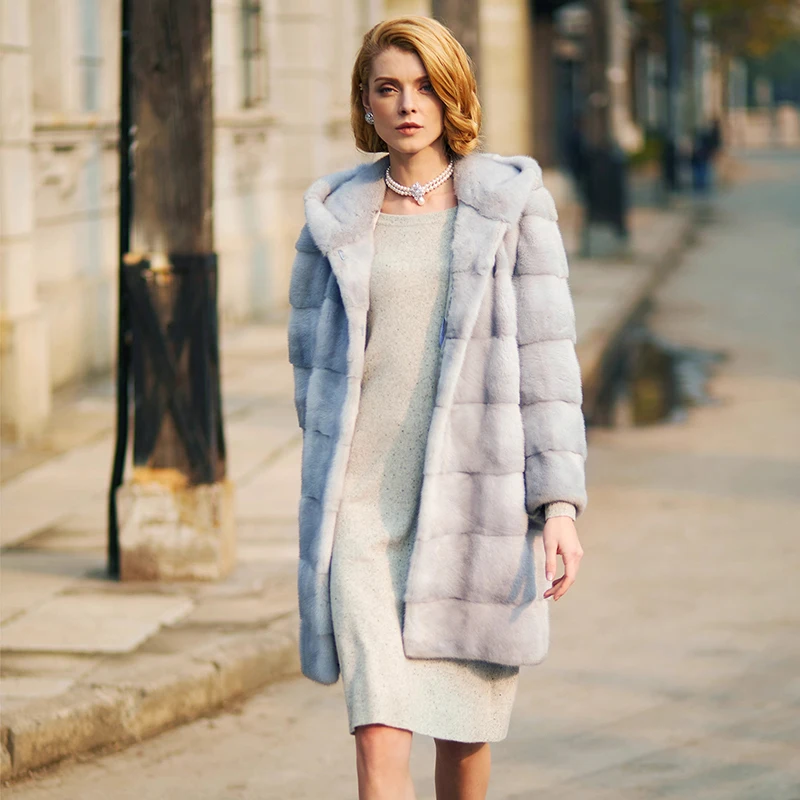 Futro z naturalnego futra norek z kapturem, długi rękaw, średniej długości, zimowy import, aksamit zimowy, futro z norek, płaszcz damski.