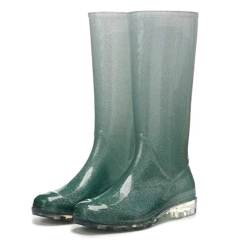 New Women Fashion Knee-high PVC Rain Boots Female Crystal Slip-on Rainboots Outdoor Woman Water Shoes Wellies Boots