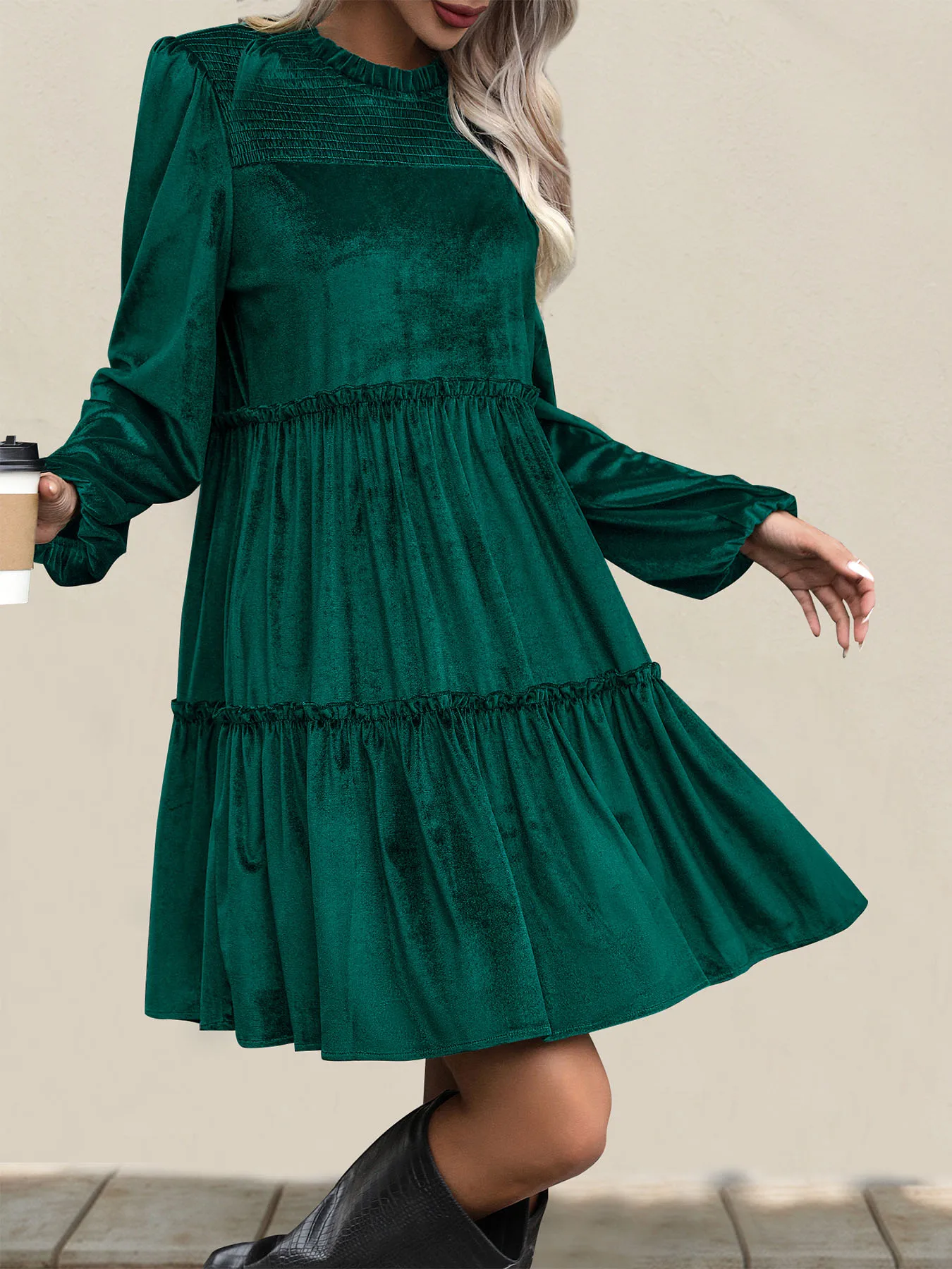 JIM & Km A-Robe monochromatique à manches longues pour femme, jupe en velours vert foncé, bord à volants, portefeuille de jeu, transfrontalier, nouveau