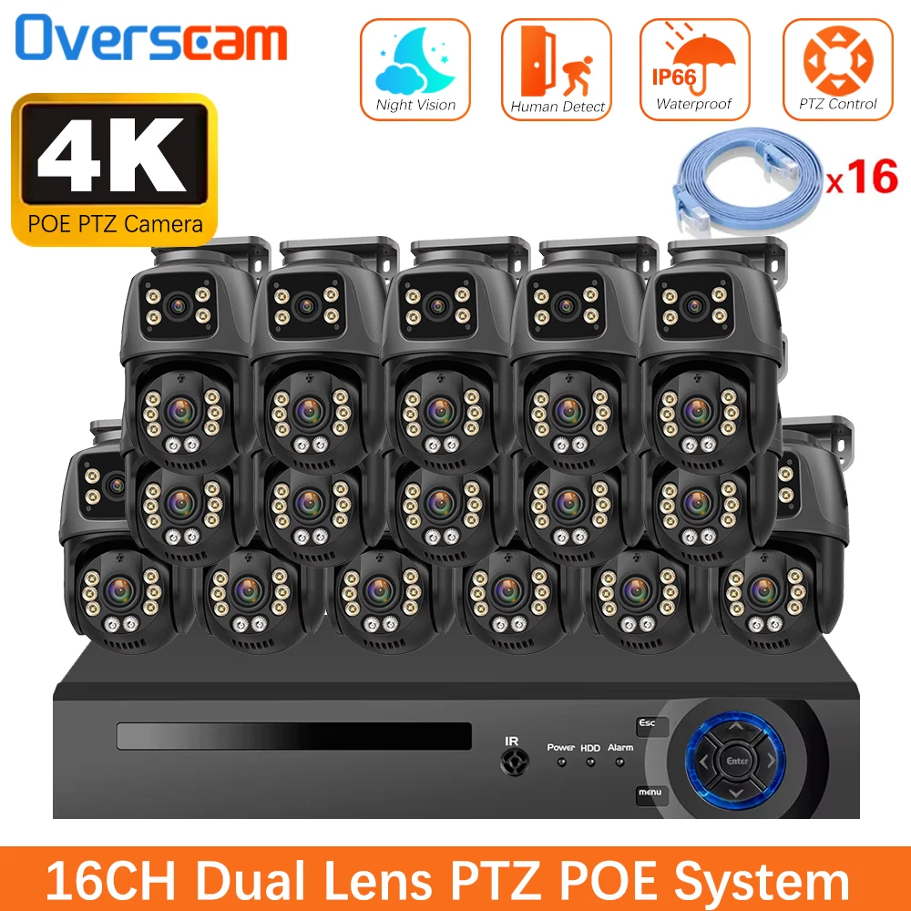 

Уличная PTZ-камера Ultra 4K 8MP с двумя объективами и двумя экранами, система видеонаблюдения POE, 16-канальный NVR, системы видеонаблюдения для дома и улицы