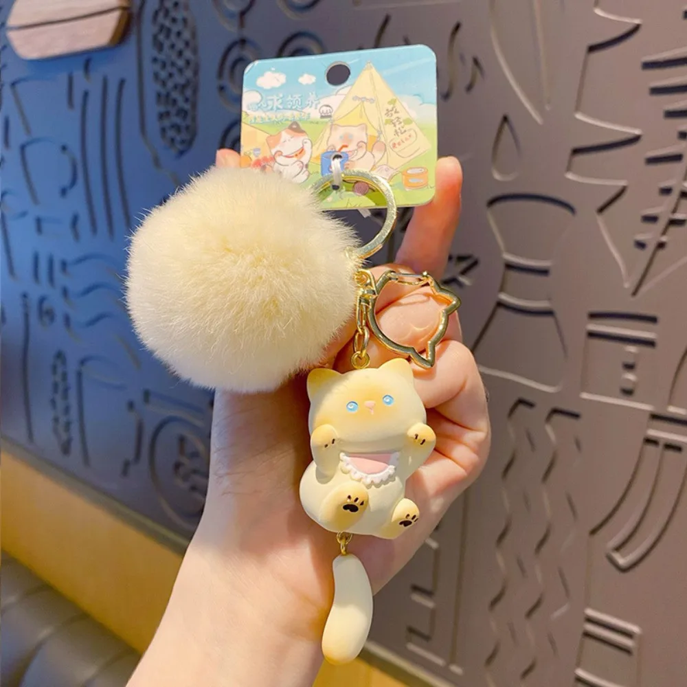 

Creative With Fluffy Fur Ball Vitality Cat Keychain Trendy Cute Schoolbag Pendant Cartoon Resin Car Key Ring Hanging Ornaments