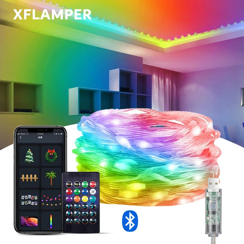 

USB RGBIC Smart Fairy Lights WS2812B Waterproof PVC Wire Bluetooth String Light Decoration for Christmas Party Wedding Home