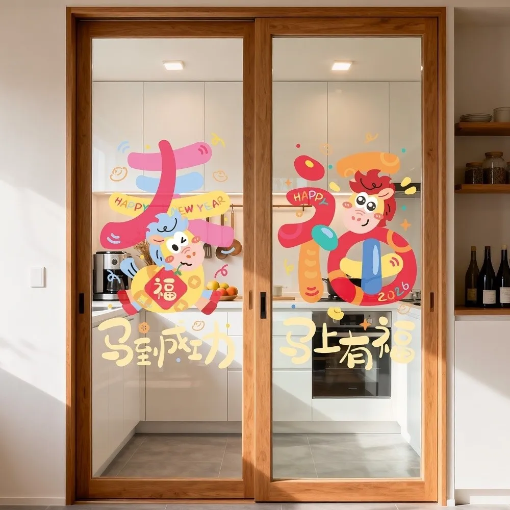 

1 Pair Cartoon Horse Year Window Stickers Waterproof Multi color Spring Festival Glass Stickers Lucky Letters Blessing