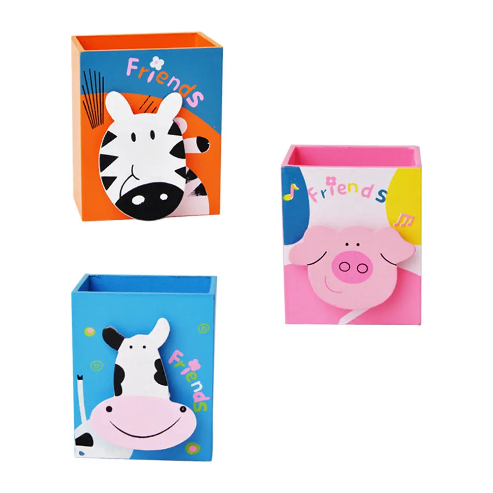 

3 Pcs Cartoon Animal Pen Holder Unique Wooden Storage Case Desk ganizer Student Supplies Multifunctional Pen Case
