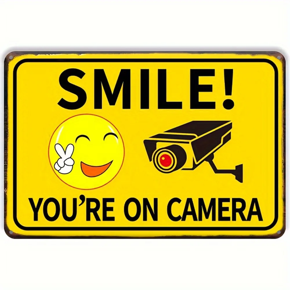 1pc, Tin Sign, Smile You on Camera Sign, Video Surveillance Sign Outdoor Aluminum Warning Sign Security Camera