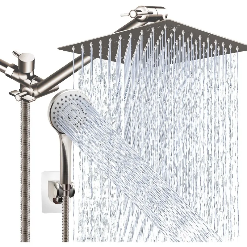 Shower Head Combo(Brushed Nickel),10'' High Pressure Rain Shower Head with 11'' Adjustable Extension Arm and 5 Settings