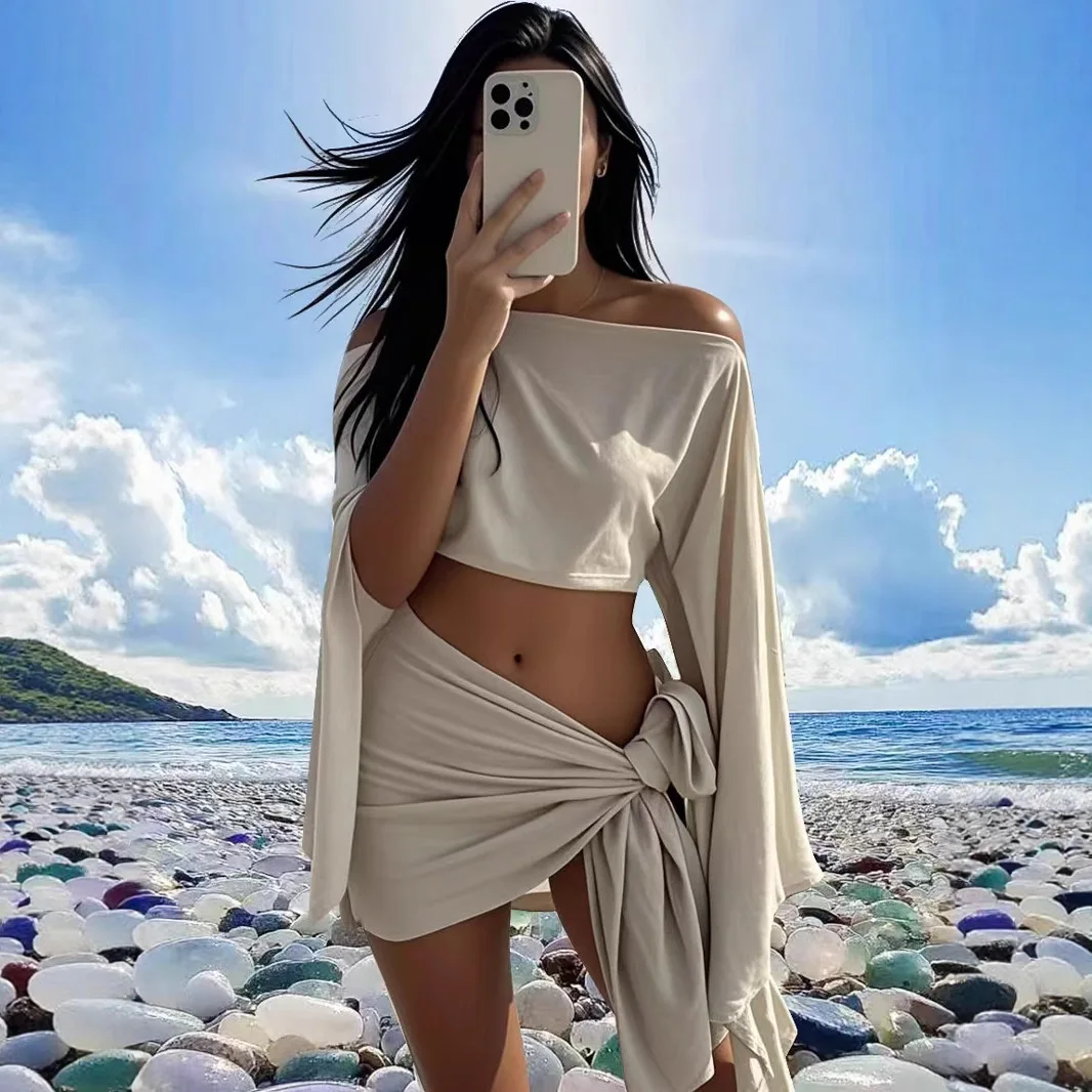 

2025 Summer New Beach Vacation Sun Protection Breathable Bikini Cover up Two Piece Set Women's Fashionable round Neck Suit