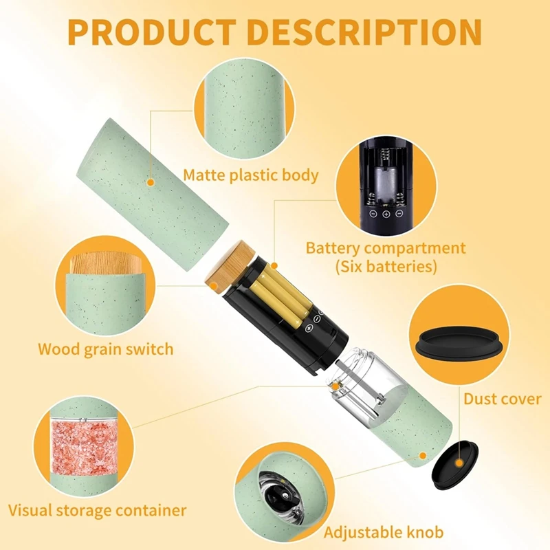 BAAG-2PCS Penggiling Garam dan Merica Elektrik Pengoperasian Otomatis Dengan Lampu LED Bertenaga Baterai Kekasaran Yang Dapat Disesuaikan