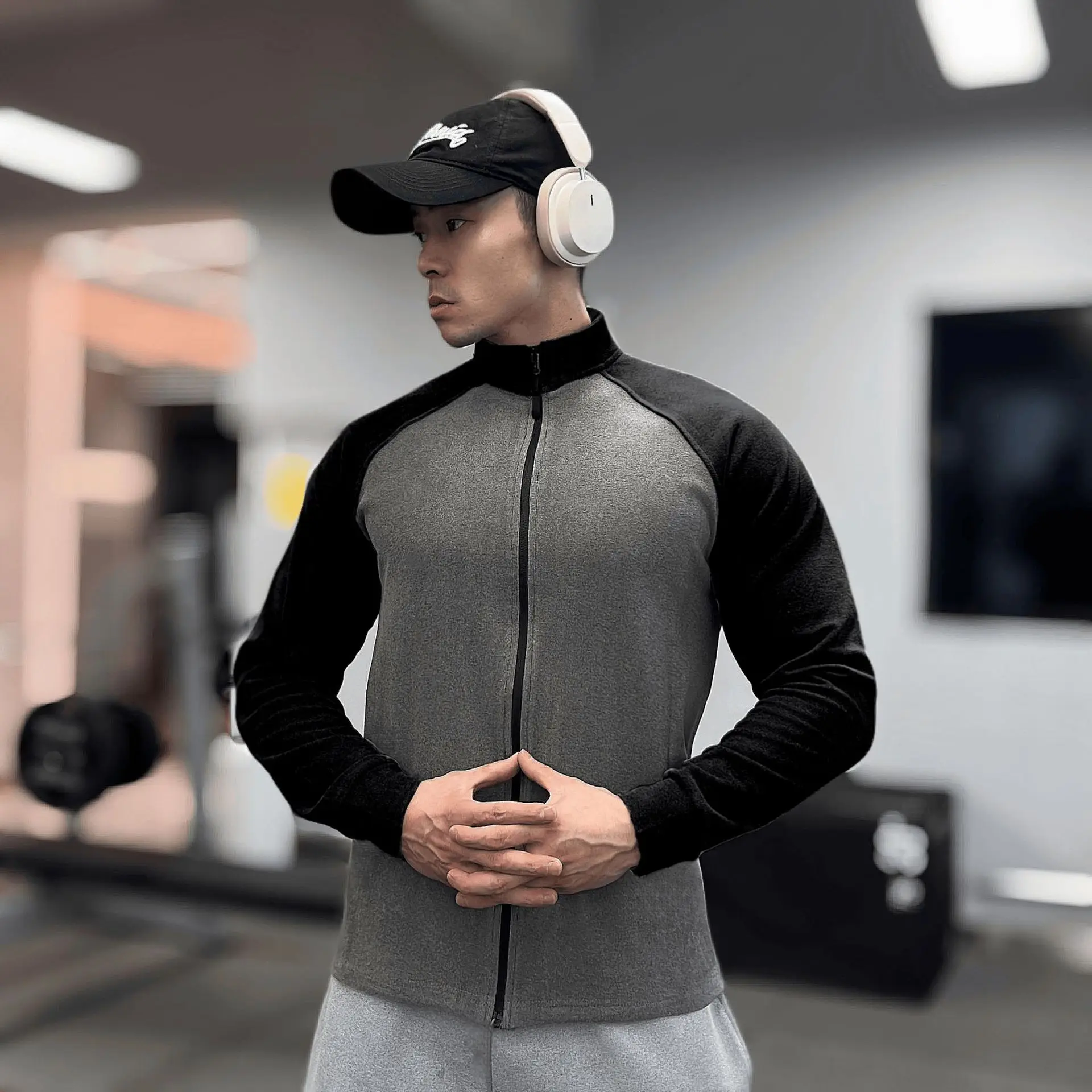 Autumn And Winter Color-block Shoulder Strap Warm Fitness Full Zipper Stand-up Collar Sports High-elastic Base Long-sleeved