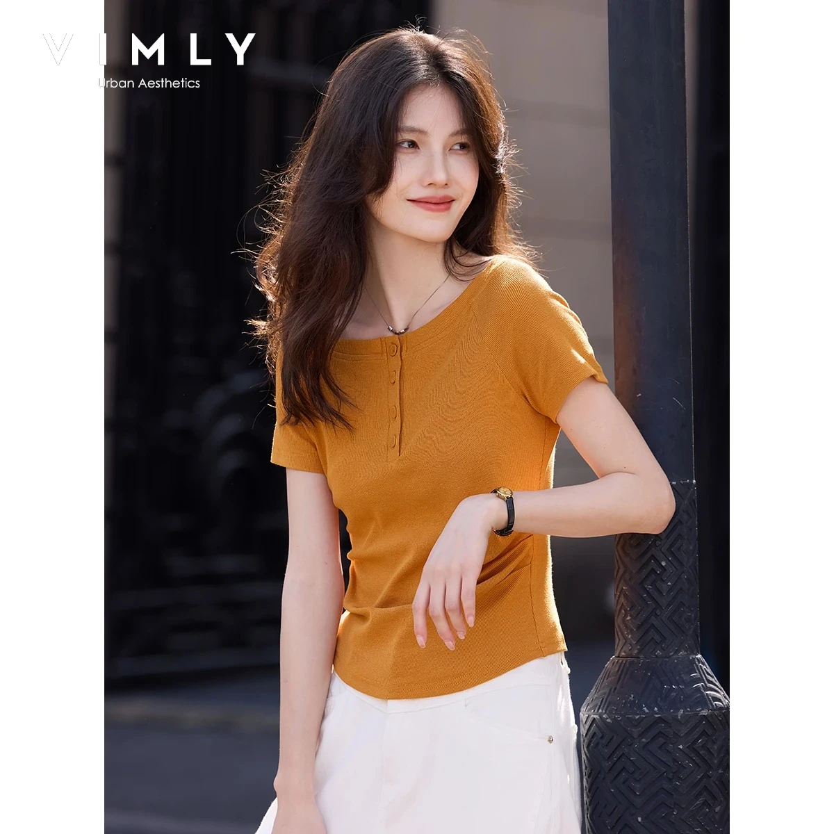 VIMLY Women Simple Orange T-shirt Summer Short Sleeve Pleated Waist Off Shoulder Top 2026 New Casual Versatile Clothes 31158