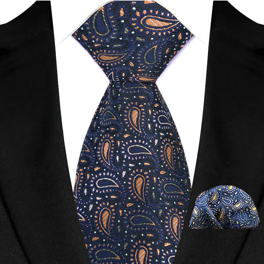 البني البحرية الرجال التعادل شريط بيزلي الأزهار جيب مربع مجموعات رسمية المنسوجة مفيد ربطات العنق الأعمال حفل زفاف مصمم الهدايا