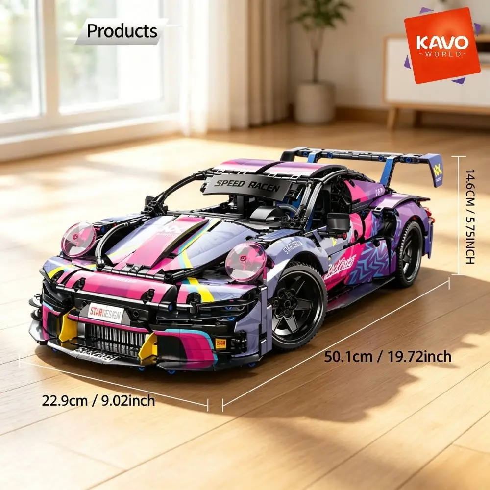 KAVOWORLD 1611PCS Purple Supercar Model Set 1:10 Scale Quick Assembly Racing Car Building Blocks Kit DIY Race Car Cyberpunk Designed Model with Opening Doors Streamlined Body Rear Wing Exquisite Stickers Christmas Birthday Gift for Home Desk Decor