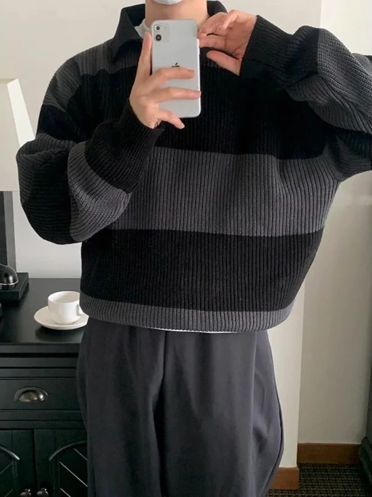 الكورية العصرية الرجال اللون المشارب بولو طوق زر سترة 2025 ربيع الخريف استرخاء صالح فضفاض عادية متماسكة ملابس خارجية