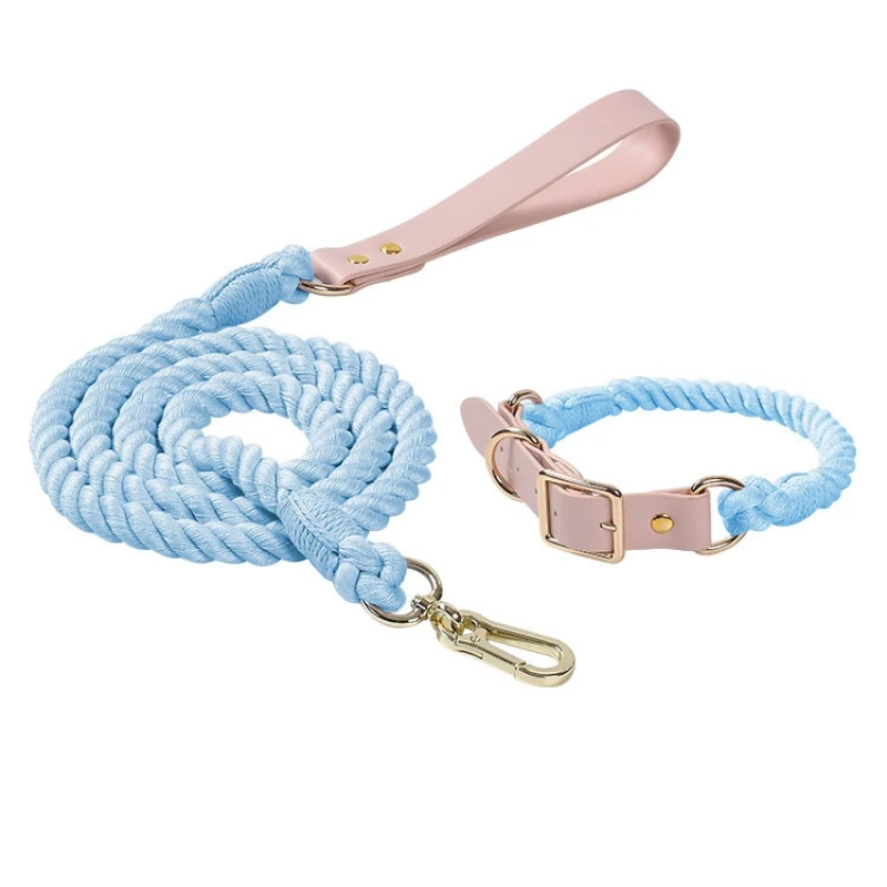 Pet Traction Rope Collar Set Handmade Braided Cotton Dog Leash Leather Collar For Medium Large Dog Walking Training Lead Rope